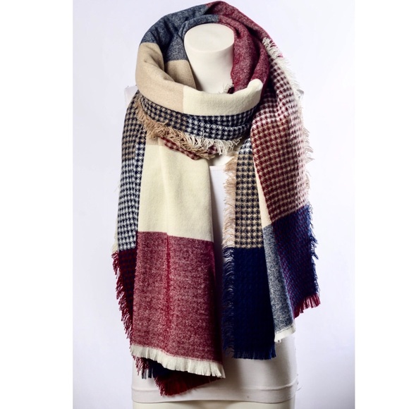 Burgundy & Navy Fall Cozy Plaid Fray Blanket Scarf - Picture 2 of 2